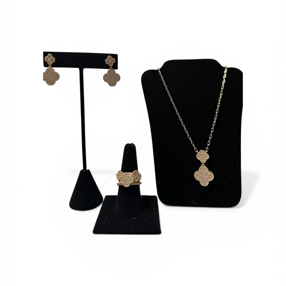 Clover Luxe Jewelry Set | Gold Pavé Necklace, Earrings & Ring